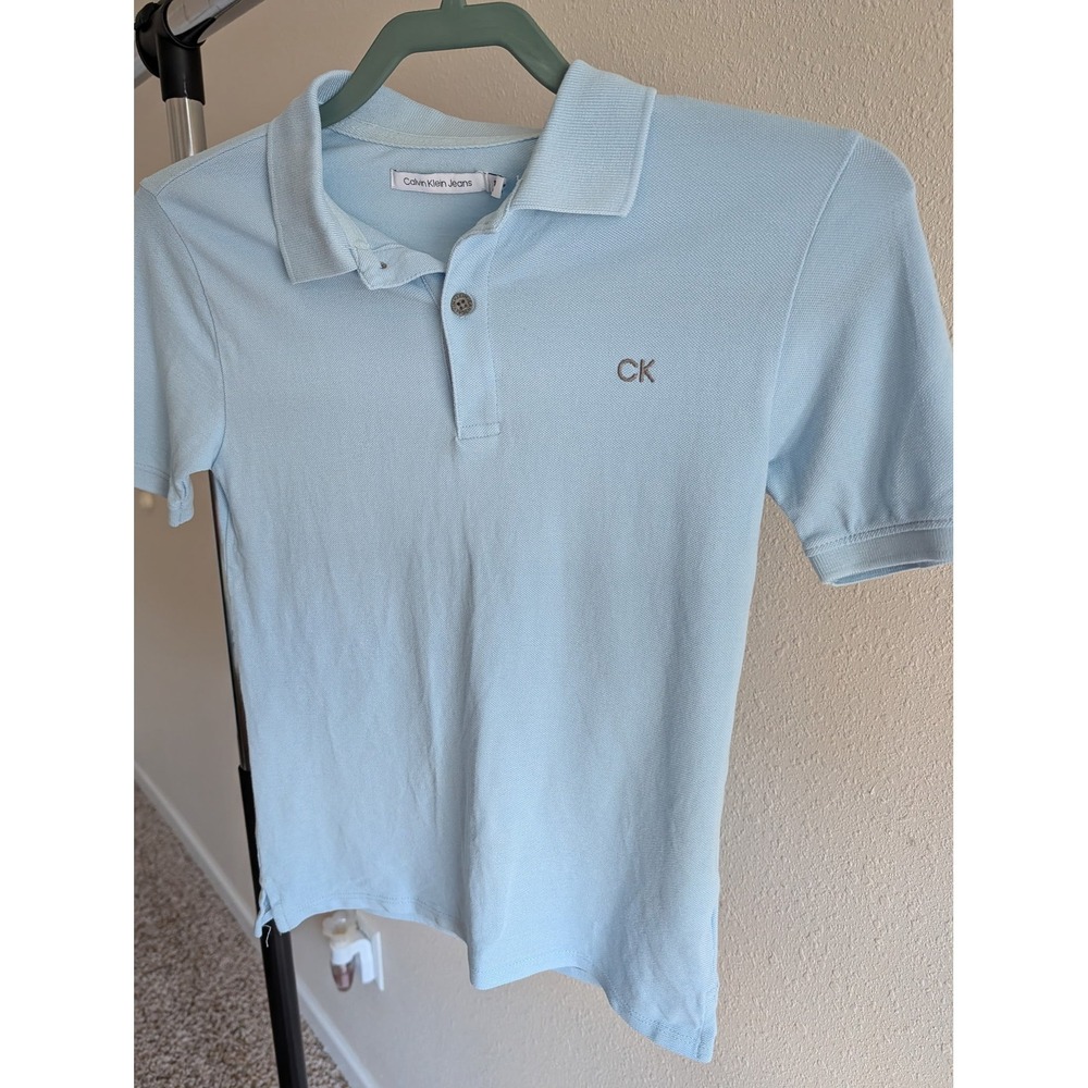 Calvin Klein Jeans Boys Light Blue Short Sleeve Polo Shirt Size S 8 CK Logo